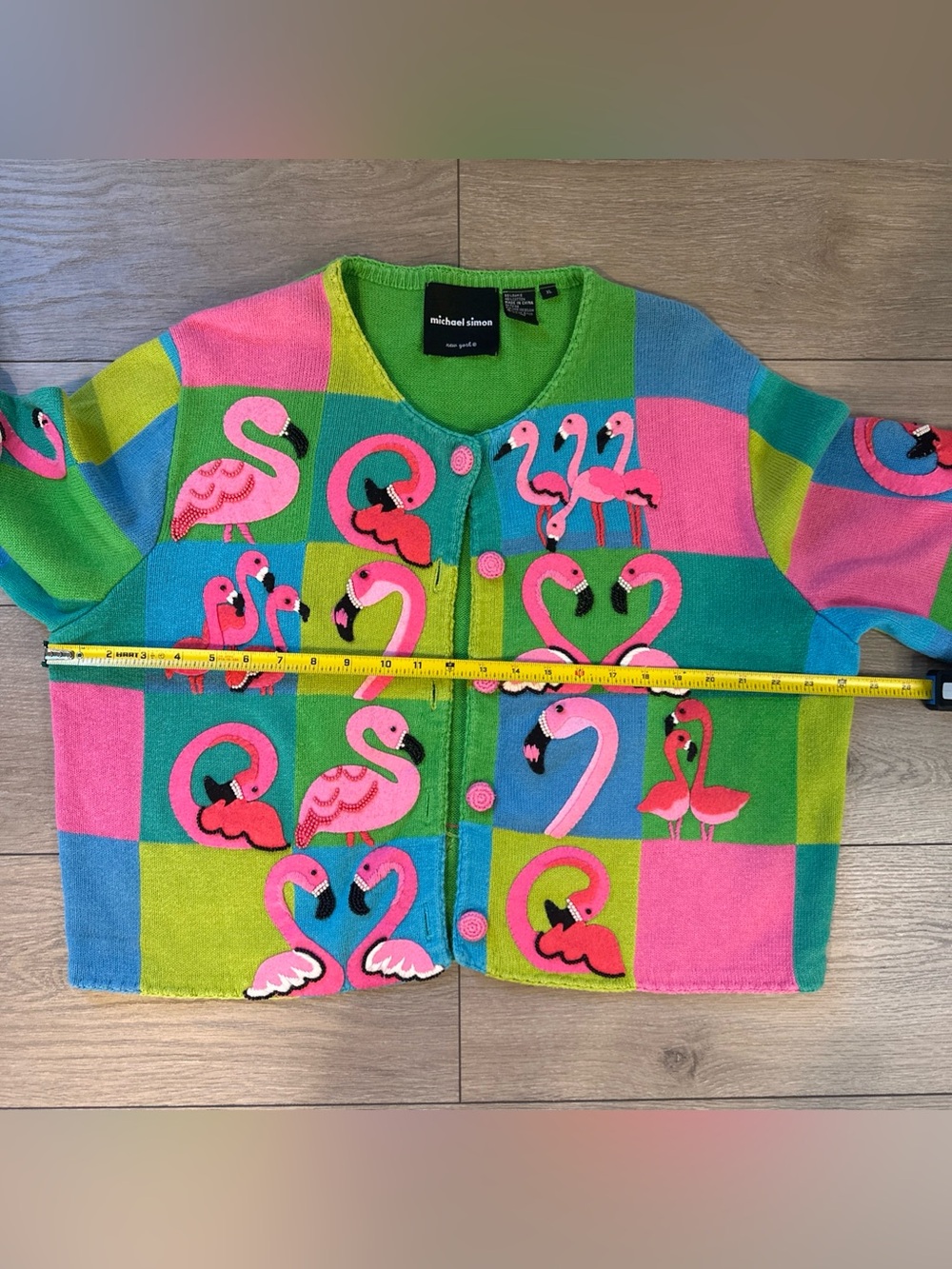 VTG Michael Simon Size XL Pink Flamingo 3D Beaded Embroidered Cardigan Sweater - Picture 7 of 11